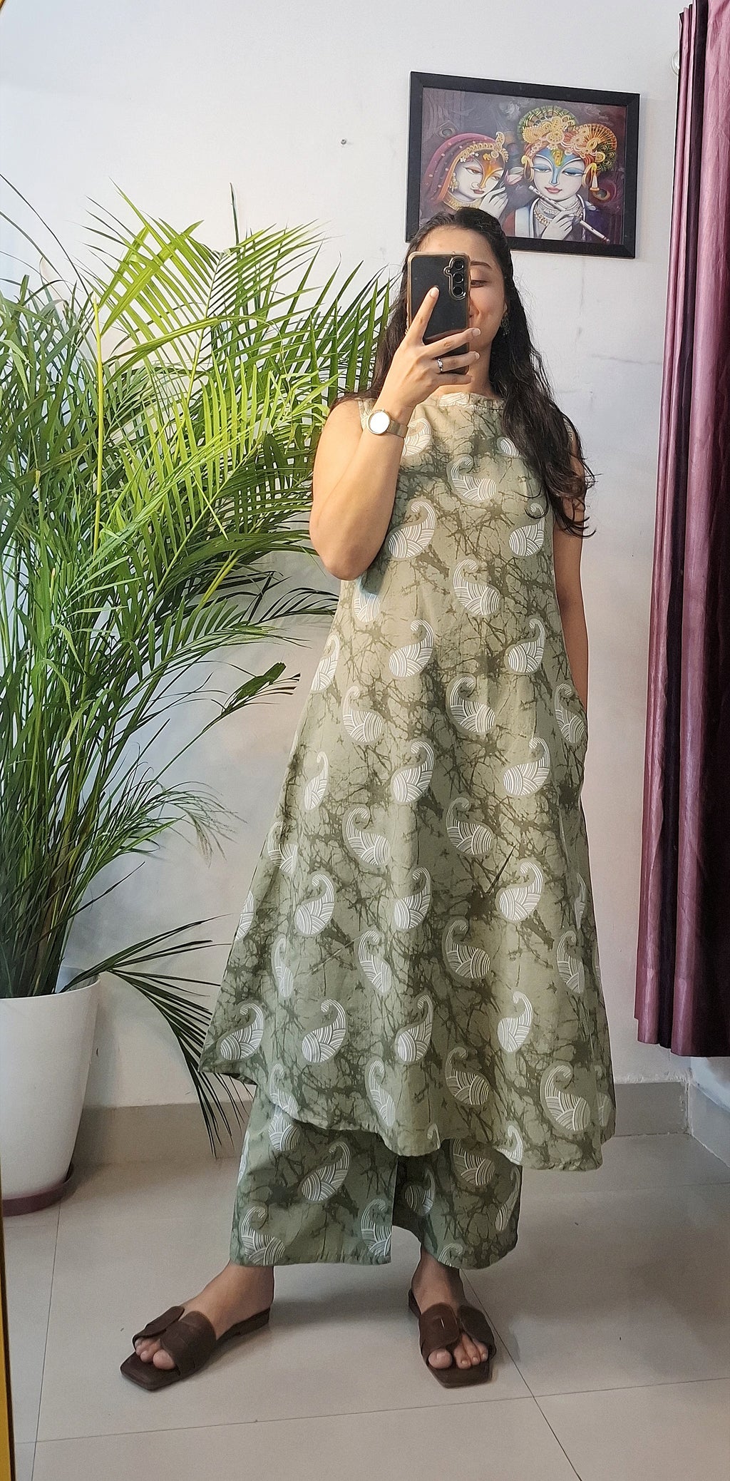 Olive Green Printed Kurta Pant Set