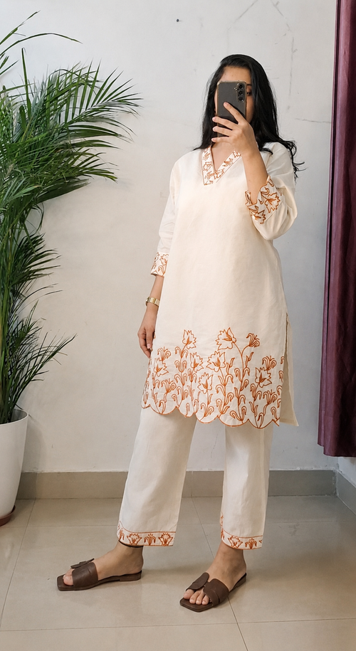 Beige Embroidered Kurta Pant Set