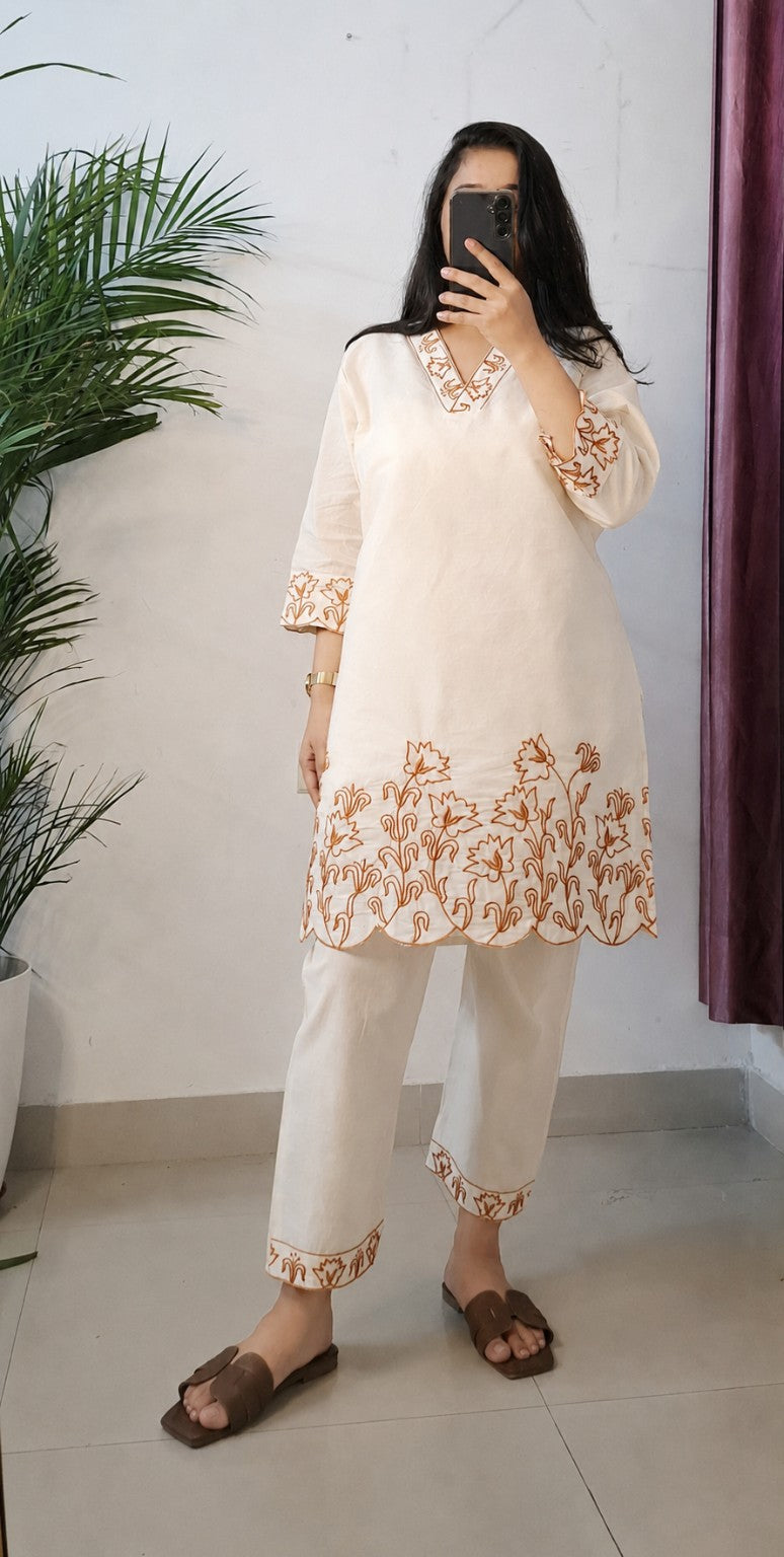 Beige Embroidered Kurta Pant Set