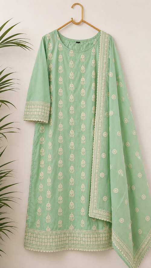 Coral Green Embroidered Kurta Pant Set with Dupatta