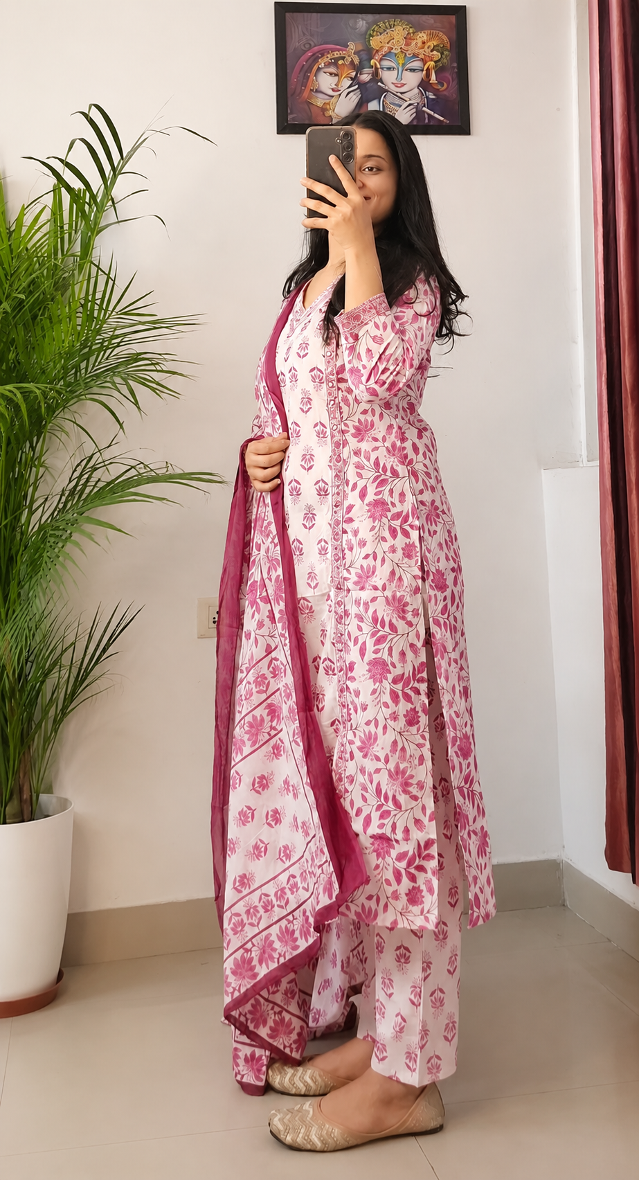 Pink Floral Cotton Printed Kurta Pant Set with Dupatta